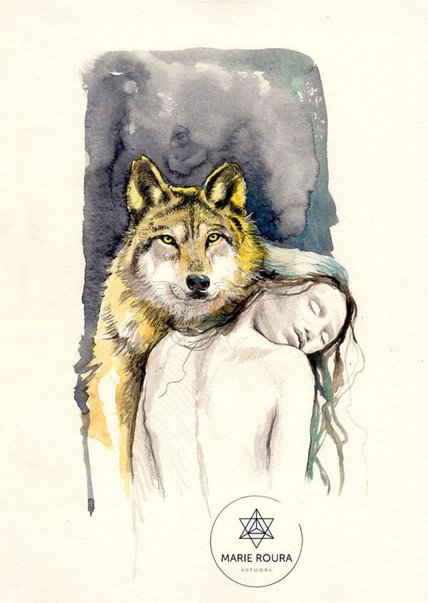 Une aquarelle représentant une femme serrant le loup animal totem